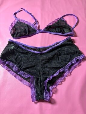 Sheer Black & Purple Lace Bralette and High-Waist Brief Set